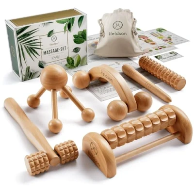 Afbeelding van HELDSON® Premium massageset hout [set van 6] incl. Duitse handleiding en dubbelzijdige kaarten met katoenen zak massageroller triggerpoint massageapparaat voetmassageroller