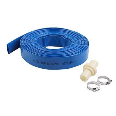 Afbeelding van KATSU 664435 Platte afvoerslang, met 2 klemmen en snelkoppelingsaansluiting, geschikt voor dompel andere waterpompen, het legen van vijvers, tuinirrigatie, blauw, 20 m x 32 mm
