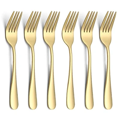 Afbeelding van 14 cm gouden dessertvorken 6 delig, roestvrij staal goud titanium plating gebaksvorkjes set, mini taartvorken, aperitiefvorken voor thuis, bruiloft, feest, café, restaurant, vaatwasmachinebestendig