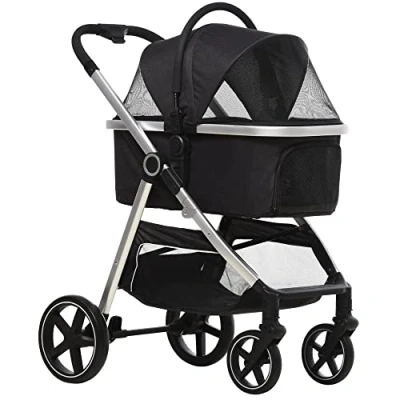 Afbeelding van PawHut Hondenbuggy, 3 in 1 Hondenwagen, Autostoel, Transporttas, Kattenbuggy met Kussen tot 15 kg, Opvouwbare Kattenwagen voor Kleine Honden Remmen, Netraam, Veiligheidslijnen, Zwart