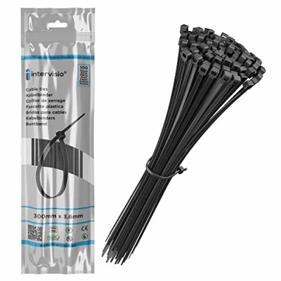 Afbeelding van Kabelbinders 300 mm x 3,6 Zwart Premium Plastic Tie Wraps, 300mm lange nylon bundelbandje, pak van 100 stuks intervisio
