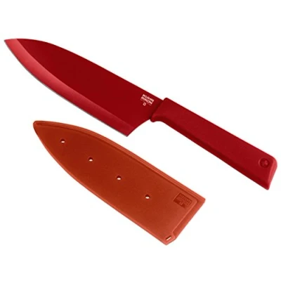 Afbeelding van KUHN RIKON COLORI+ Santoku mes, groot, recht lemmet met lemmetbescherming, anti aanbaklaag, roestvrij staal, 27,5 cm, rood