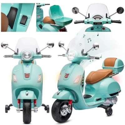 Afbeelding van Vespa Elektrische motorfiets, kindermotorfiets met plastic wielen en stoel, kofferbak, MP3 speler, USD MicroSD AUX aansluiting (Turkoois)