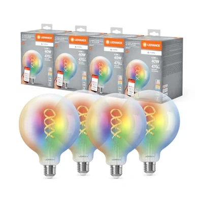 Afbeelding van LEDVANCE SMART+ MATTER LED lamp, compatibel met Google, Alexa, Apple, wit glas, 4,8W, 470lm, E27 fitting, gekleurd licht &amp; licht, app of stembediening, levensduur tot 15.000 uur, 4 pack
