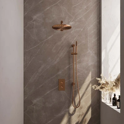 Afbeelding van BRAUER Copper Carving thermostatische inbouw regendouche 3 weg omstelling SET 38 met 30 cm douchekop en rechte muurarm staaf handdouche