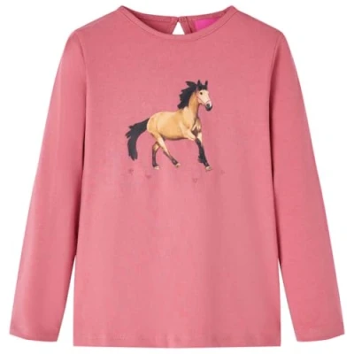 Afbeelding van Kindershirt met lange mouwen paardenprint 116 oudroze