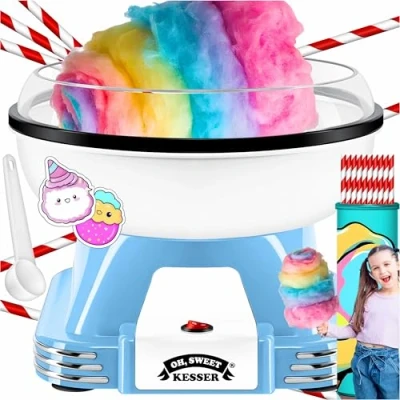 Afbeelding van KESSER® suikerspinmachine set voor je huis, met 30 x suikerspinstaafjes en maatlepels, retro katoenen snoepmachine, accessoires, hoogte 22 cm, 500 W, blauw/wit