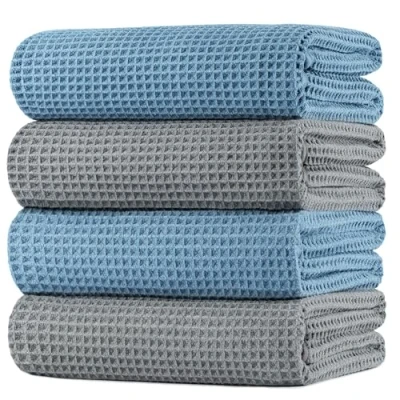Afbeelding van POLYTE Microvezel oversized sneldrogende pluisvrije badhanddoek, 152,4 x 76,2 cm, 4 stuks (grijs, blauw wafelweefsel)