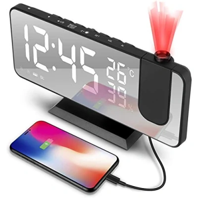 Afbeelding van Projectiewekker, LED digitale wekker, wekkerradio met projectie, USB poort, dubbel alarm, helderheidsdimmer, 4 projectiehelderheid, 180 instelbare hoek, groot 8 schermen, FM radio