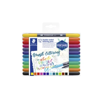 Afbeelding van STAEDTLER 3004 TB12 dubbele viltstift handbelettering (fijne punt en penseelpunt) transparante etui met 12 heldere kleuren