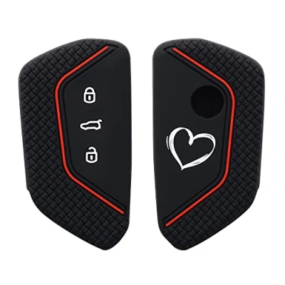 Afbeelding van kwmobile Autosleutel hoesje geschikt voor VW Golf 8 3 knops behuizing in wit / zwart Brushed Hart design