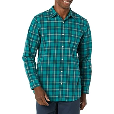 Afbeelding van Amazon Essentials Slim Fit Stretch Poplin overhemd met lange mouwen voor heren, goudgroen geruit, XS