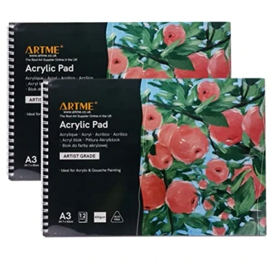 Afbeelding van ARTME A3 acryl pad (2 stuks) 12 vellen/400 g/m² extra zwaargewicht/koudgeperst/zuurvrij Premium kwaliteit tekenblok schetsboek en gouache schilderij (A3 2pk)