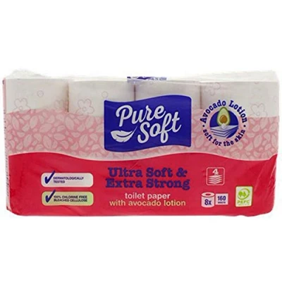 Afbeelding van Toiletpapier 4 laags wit wc papier Pure Soft 8 rollen