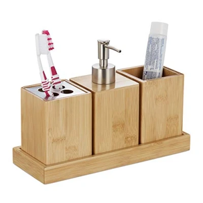 Afbeelding van Relaxdays badkamerset 4 delig, bamboe, zeeppompje, tandenborstelhouder, tandenpoetsbeker, met schaaltje, naturel