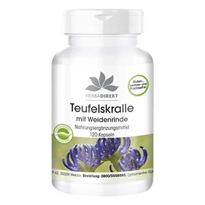 Afbeelding van Duivelsklauw capsules met wilgenbast veganistisch 120 HERBADIREKT by Warnke Vitalstoffe Duitse apothekerskwalitei