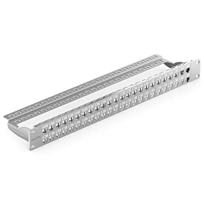 Afbeelding van deleyCON 48 Poorts Patchpanel Patchveld Modulair voor RJ45 Keystone Module 1HE 19 Inch Rackinbouw Compatibel met CAT5 CAT6 CAT7 CAT8 LAN Netwerk Grijs