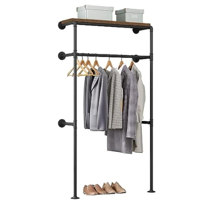 Afbeelding van WOLTU Industriële kledingstang voor aan de muur, garderobe inloopkast, kledingrek met plank, slaapkamer, kleedkamer, SRY41shei