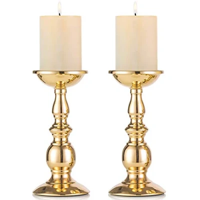 Afbeelding van Nuptio Goud Pijler Kandelaars, Bruiloft Centerpieces Metalen Kandelaar voor 8cm Kaarsen Stand Decoratie Ideaal Bruiloften Speciale Evenementen Feesten Woonkamer, 2 Stuks