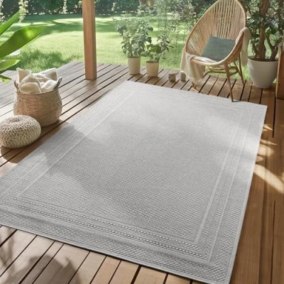 Afbeelding van SIMPEX Buiten Vloerkleed grijs 240x340 cm, weerbestendig en UV bestendig, ideaal voor de keuken, balkon, terras, evenals woonkamer eetkamer, Effen design met rand