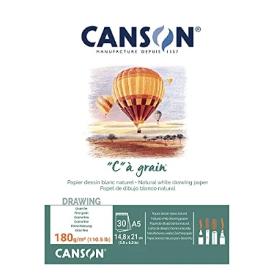Afbeelding van Canson &quot;C à Grain A5 180g wit teken en schetspapierblok, 30 vellen, fijne korreltextuur, gelijmd aan korte zijde, ideaal voor professionele kunstenaars