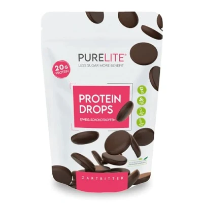 Afbeelding van PURELITE Protein Drops puur, vegan, 20g eiwit/100g, suikervrije chocoladedruppels met erythritol &amp; stevia, 60% cacao, laag in calorieën, ideaal om te snacken, bakken, smelten, 450g