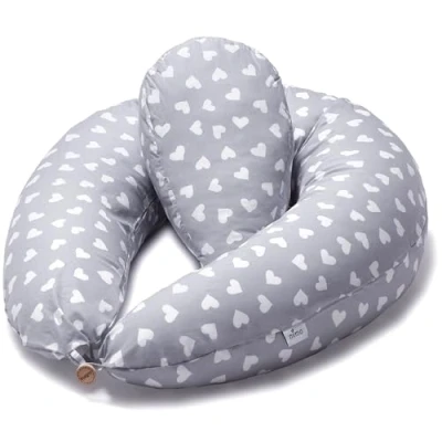 Afbeelding van Niimo Zwangerschapskussen Verpleegkussen + Mini Kussen voor borstvoeding baby &amp; Full Body for Sleeping Large 100% Katoenen Kussensloop Binnenste Vulling Polyester Vezel (Grijs Wit Sterren) Witte Harten)