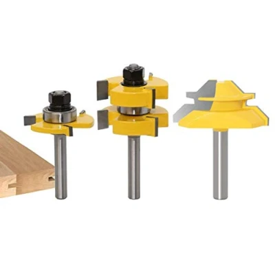 Afbeelding van Bovenfreesset, 45 graden Lock Mitre Router Bit groeffrees + 8 mm schacht, tongschacht en groeffrees, set met 3 tanden in cutter van hout voor houtbewerking