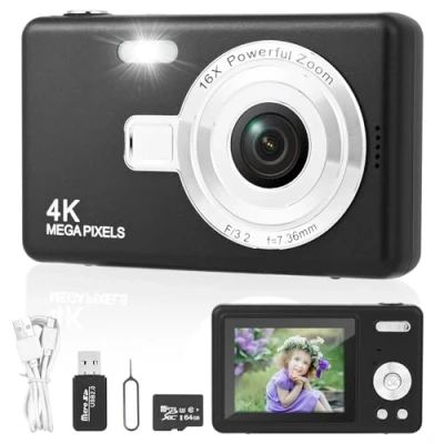 Afbeelding van Compacte digitale camera, camera voor kinderen, HD, 1080p, met 32 GB kaart, 48 MP, 8 x zoom, oplaadbaar, jongeren, beginners (zwart)