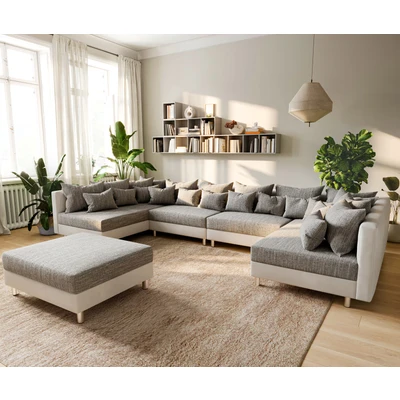 Afbeelding van Bank Clovis XL wit licht grijs met hocker modulair woonlandschap