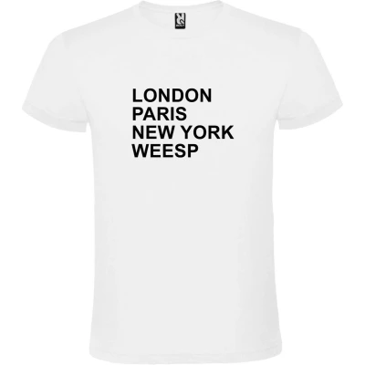 Afbeelding van Wit t shirt met &quot; London, Paris , New York, Weesp print Zwart size XXL