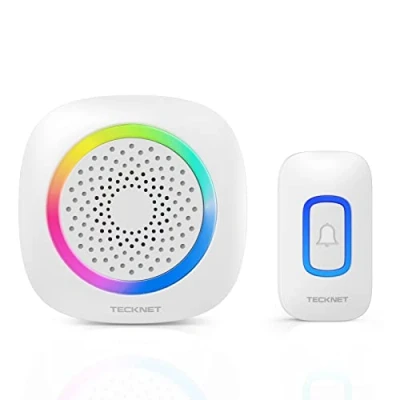 Afbeelding van TECKNET Draadloze deurbel, werkt op batterijen, met RGB licht, 60 melodieën, IP66 waterdicht, voor buiten, huisdeurbelset, 400 m draadloos bereik bel, huisdeurkit 4,5 jaar levensduur