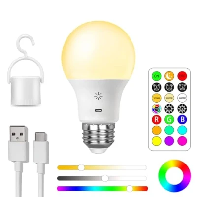 Afbeelding van USB C Oplaadbare Batterij Gloeilamp met Afstandsbediening, E27 Intelligent RGB Gloeilamp, 9+3 Kleurtemperaturen, 8W LED Dimbare Touch Control Lamp Timing Functie, 2600mAh, A19, Haken,1 pack