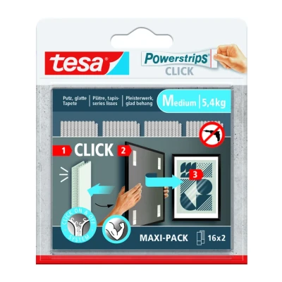 Afbeelding van tesa Powerstrips CLICK Zelfklevende Strips voor Vast en Losklikken van Fotolijsten Wanddecoratie, zonder Boren Kleefstrips met ON OFF Kliksysteem Medium 16 x 2 Stuks