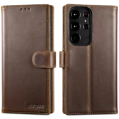 Afbeelding van Lensun Beschermhoesje voor Samsung Galaxy S23 Ultra, echt leer, RFID diefstalbeveiliging, boek met portemonnee, magneetsluiting, donkerbruin retro