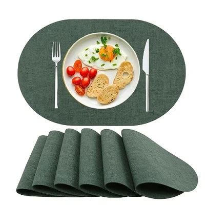 Afbeelding van Placemats, afwasbaar, 6 delige set, PU leer, hittebestendig, antislip, voor eettafel, keuken, ovaal, groen
