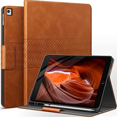Afbeelding van AUAUA Hoesje voor iPad 6e/5e generatie (9,7 inch, model 2018/2017), Pro 9.7, Air 2/Air 1, met potloodhouder, automatisch slapen/waken, veganistisch leer (bruin)