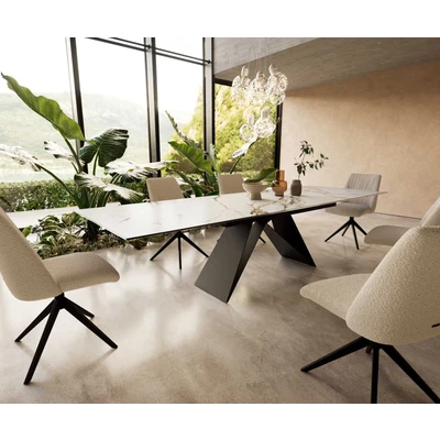 Afbeelding van DELIFE Eetkamertafel Edge 200 300x100 keramiek Calacatta Luxe wit goud grijs V frame vlak staal zwart uitschuifbaar