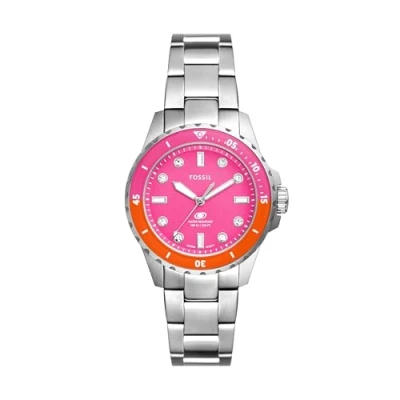 Afbeelding van Fossil Blue dive Watch for Women, Quartz movement with Stainless steel or Leather Strap Goudkleur en wit Zilvertint grijs Zilverkleur zwart Lichtroze