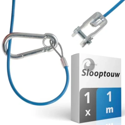 Afbeelding van valonic auto losbreekkabel voor aanhangers en caravans, 1m, blauw, met karabijnhaak, 250kg breekbelasting, vorkkop (shackle), ripcord