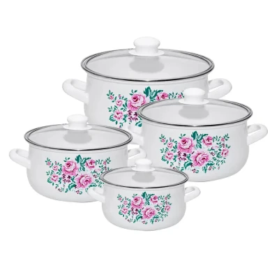 Afbeelding van Silesia Klara 8 delige emaille pannenset retro wit met bloemen voor alle warmtebronnen