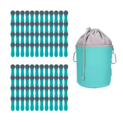 Afbeelding van 96 wasknijpers met drukveren van roestvrij staal, softtouch turquoise, 1 canvas wasknijperzak turquoise grijs