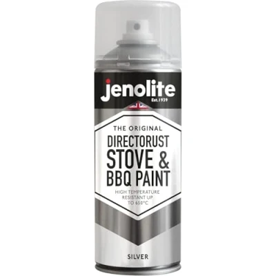 Afbeelding van JENOLITE Directorust Kachel &amp; BBQ spuitusver ZILVER Zeer hoge temperatuurbestendig tot 650 C BBQ&#039;s, kachels, schoorstenen, automobiel, brandschermen omgeving 400ml