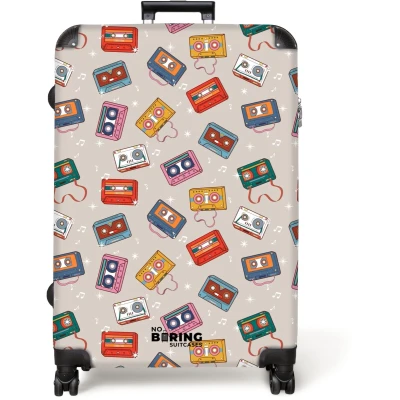 Afbeelding van NoBoringSuitcases.com® Koffer groot Reiskoffer lichtgewicht Retro disco cassettes patroon diverse kleuren Rolkoffer met 4 wielen Grote trolley XL 98 liter bagage