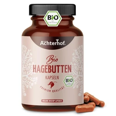 Afbeelding van Biologische rozenbottel capsules 180 stuks hoog gedoseerd 595mg puur rozenbottelpoeder per capsule zonder toevoegingen veganistisch en laboratorium getest vom Achterhof