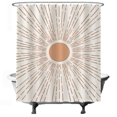 Afbeelding van Ulticool Douchegordijn Zon Aesthetic Boho Bohemian 180 x 200 cm met 12 Ringen Wit semi Transparant anti Schimmel Oranje Bruin