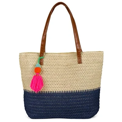 Afbeelding van styleBREAKER dames rieten schoudertas 2 kleurig, strandtas met lange hengsels, tas, rits 02012371, Kleur:Beige Donkerblauw