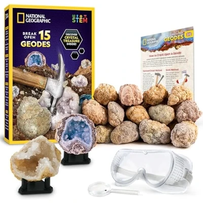 Afbeelding van NATIONAL GEOGRAPHIC Premium Geodes Om Open Te Breken Inclusief Veiligheidsbril, Leerboek &amp; 3 Displaystandaards Geweldig STEM Wetenschapsspeelgoed Educatief Kit