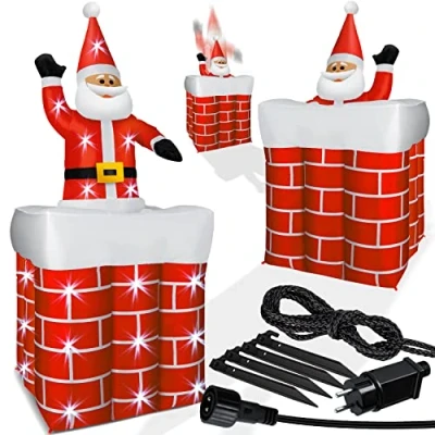 Afbeelding van KESSER® Opblaasbare kerstman 178 cm groot uit de schoorsteen open haard LED verlichte Sinterklaas kerstgeschenk decoratie incl. bevestigingsmateriaal kerstdecoratie