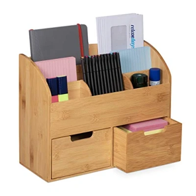 Afbeelding van Relaxdays bureau organizer bamboe lade pennenbakje kantoor pennenbak brievenbak
